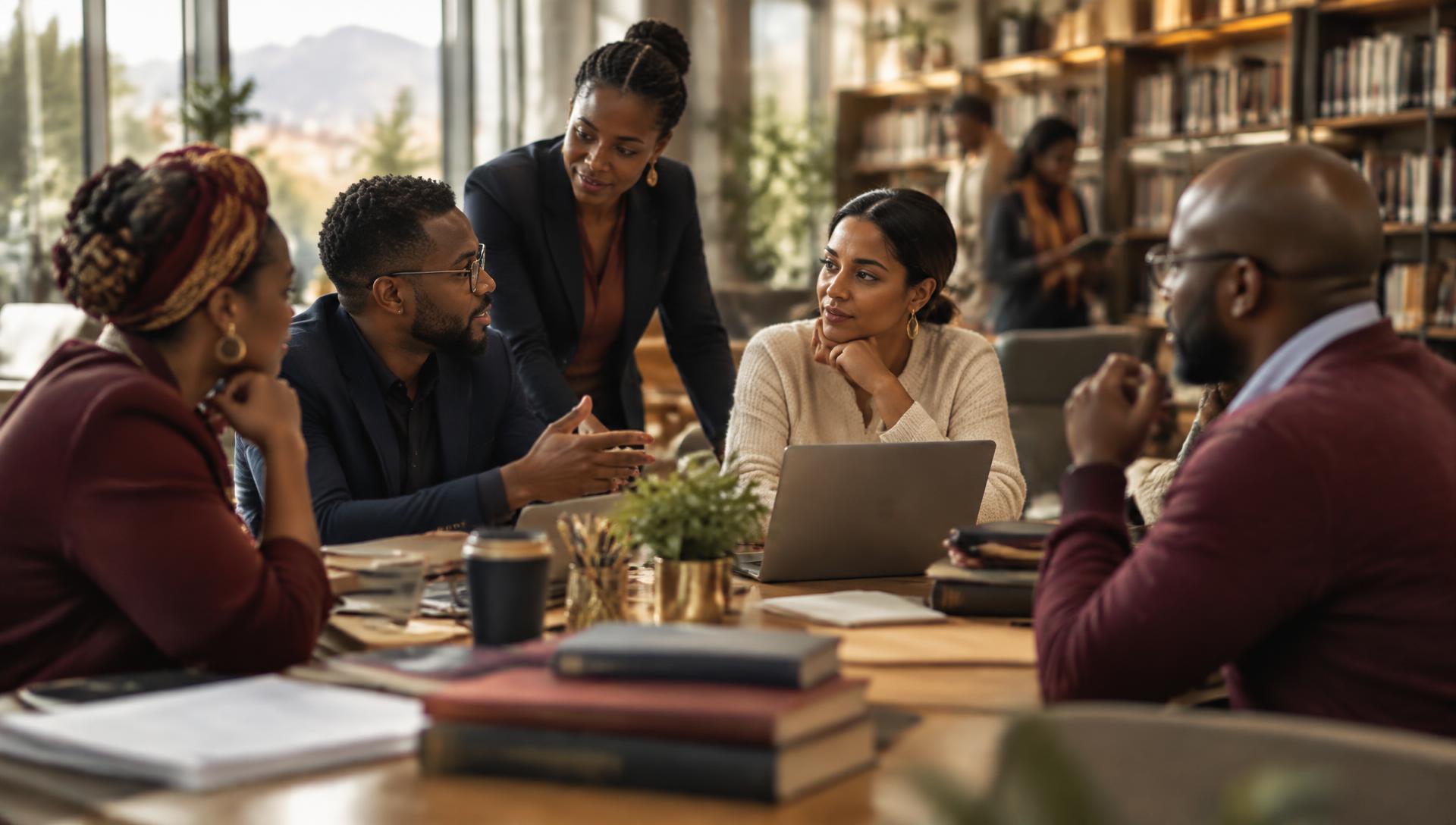 Diverse professionals and educators collaborating in a modern South African learning space