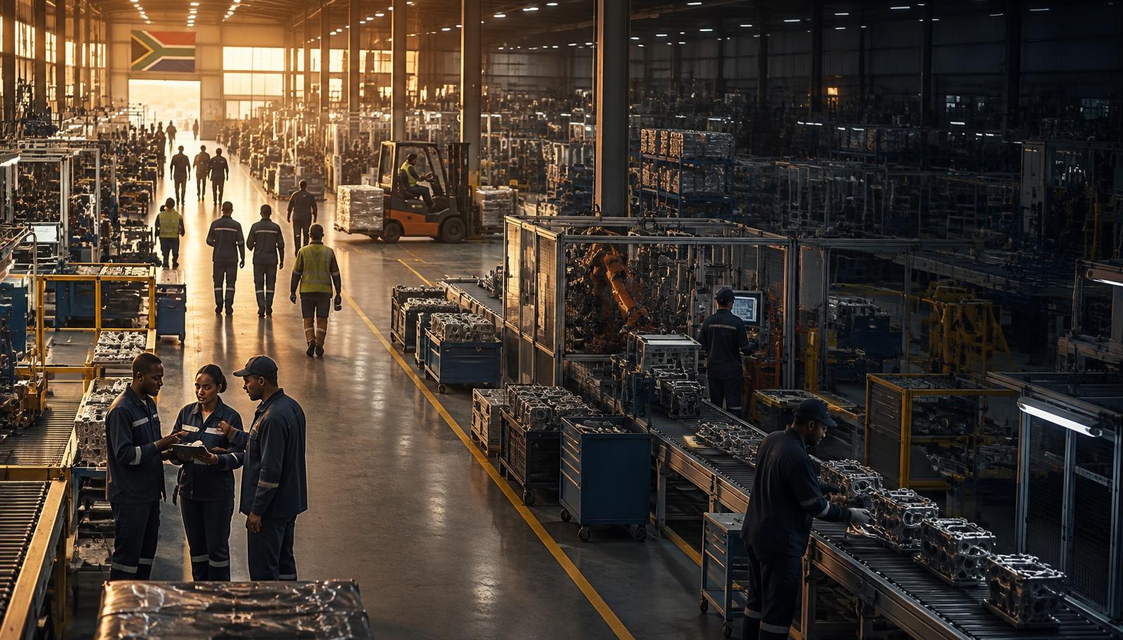 Teams coordinating work across a modern South African production floor